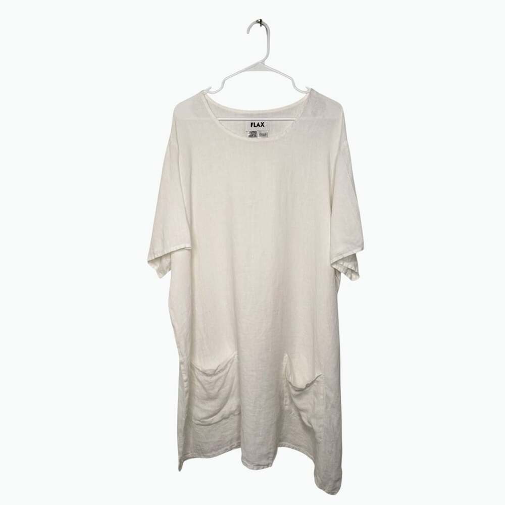 FLAX Pioneer Big Pockets Shift Dress Size 2G White Linen